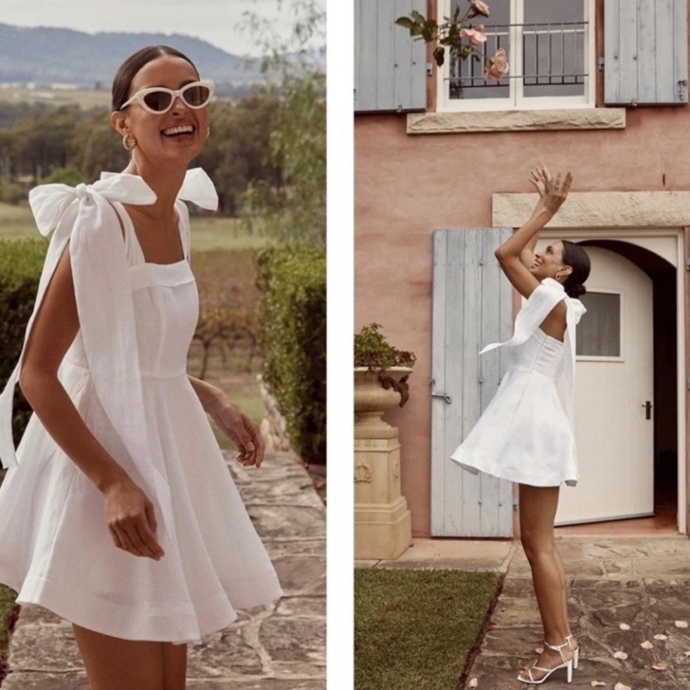 DISSH aisle white linen bow mini dress